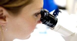 Technician looking through microscope